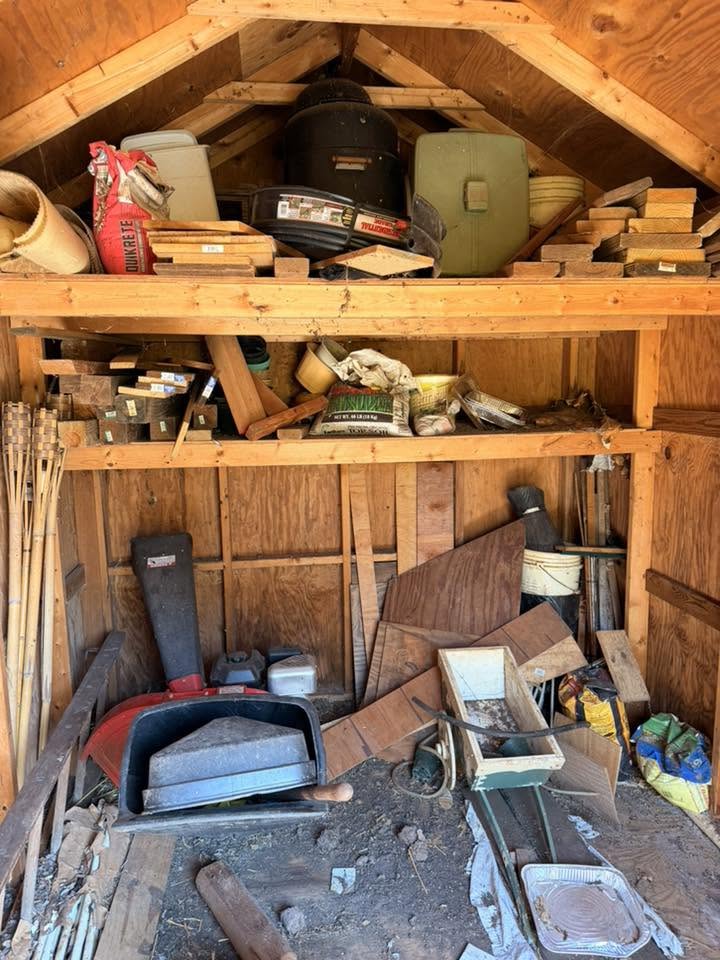 Maryland backyard shed packed with old lumber, bags, tools and debris before cleanout
